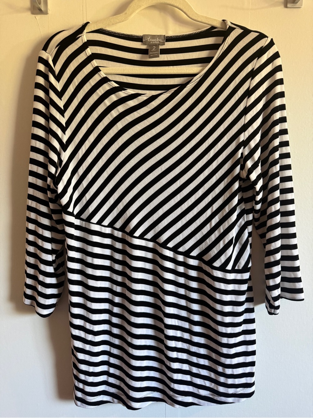 Travelers by Chico’s Striped Asymmetrical Tunic Top Size 2 Black White